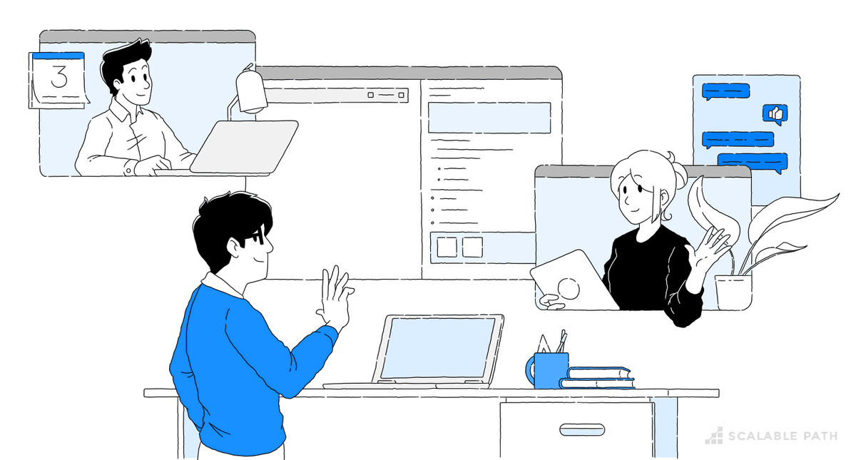 Three people remote connected for the first time doing an onboarding process