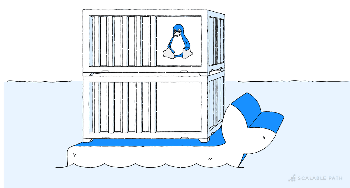 Docker logo illustration with linux logo in one of the containers