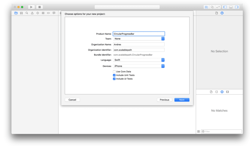 Screenshot of project creation in Xcode