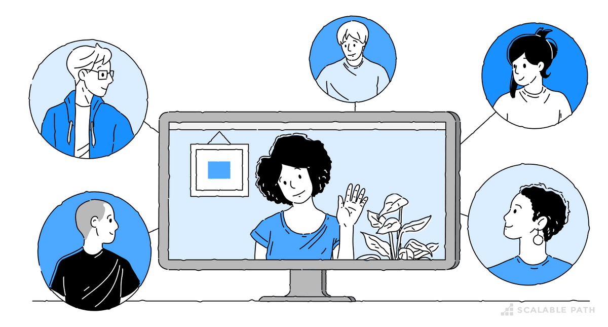 A woman in a video call connect to other five people and is managing them remotely