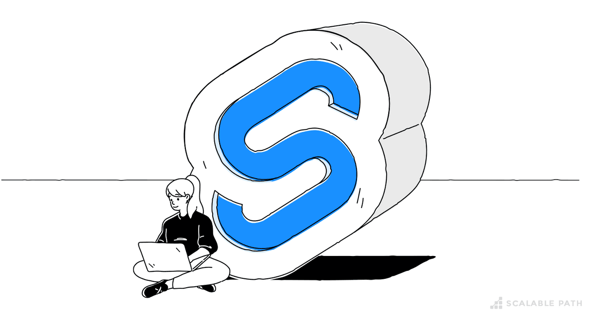 Svelte logo next to a woman sitting on the floor with a computer