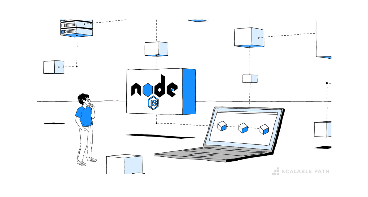 Person next to a laptop, databases and Node.js logo
