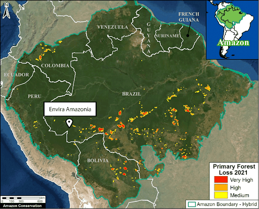 A map of where the Envira Amazonia project is located, a preserved forest region that Scalable Path contributed to preventing deforestation.