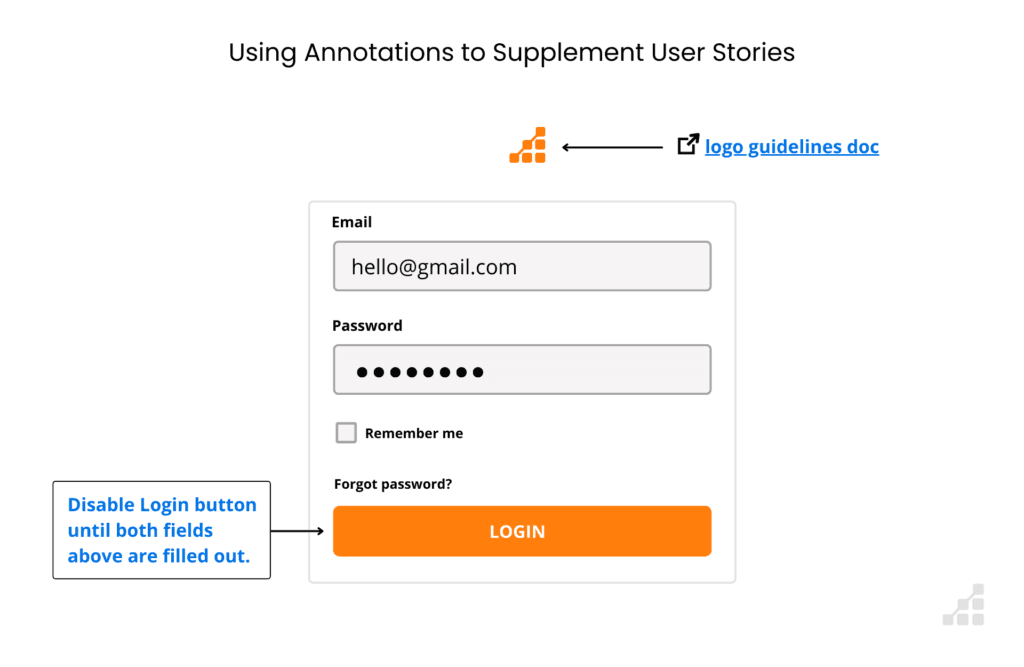 An example of annotations usage for Product Owners to supplement user stores
